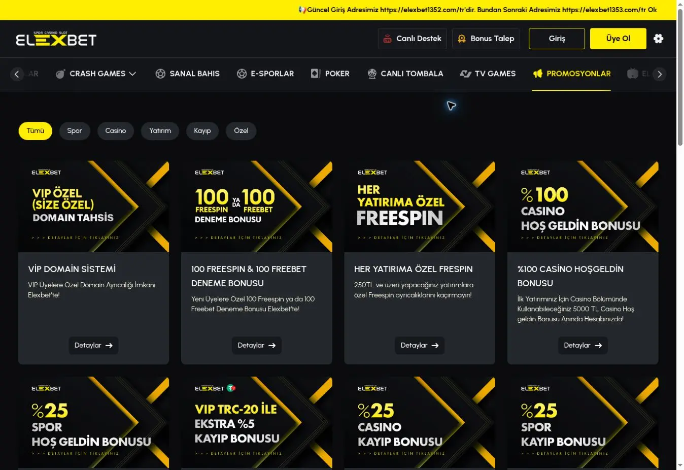 Elexbet resmi sitesinde listelenen güncel bonus ve promosyon kartları