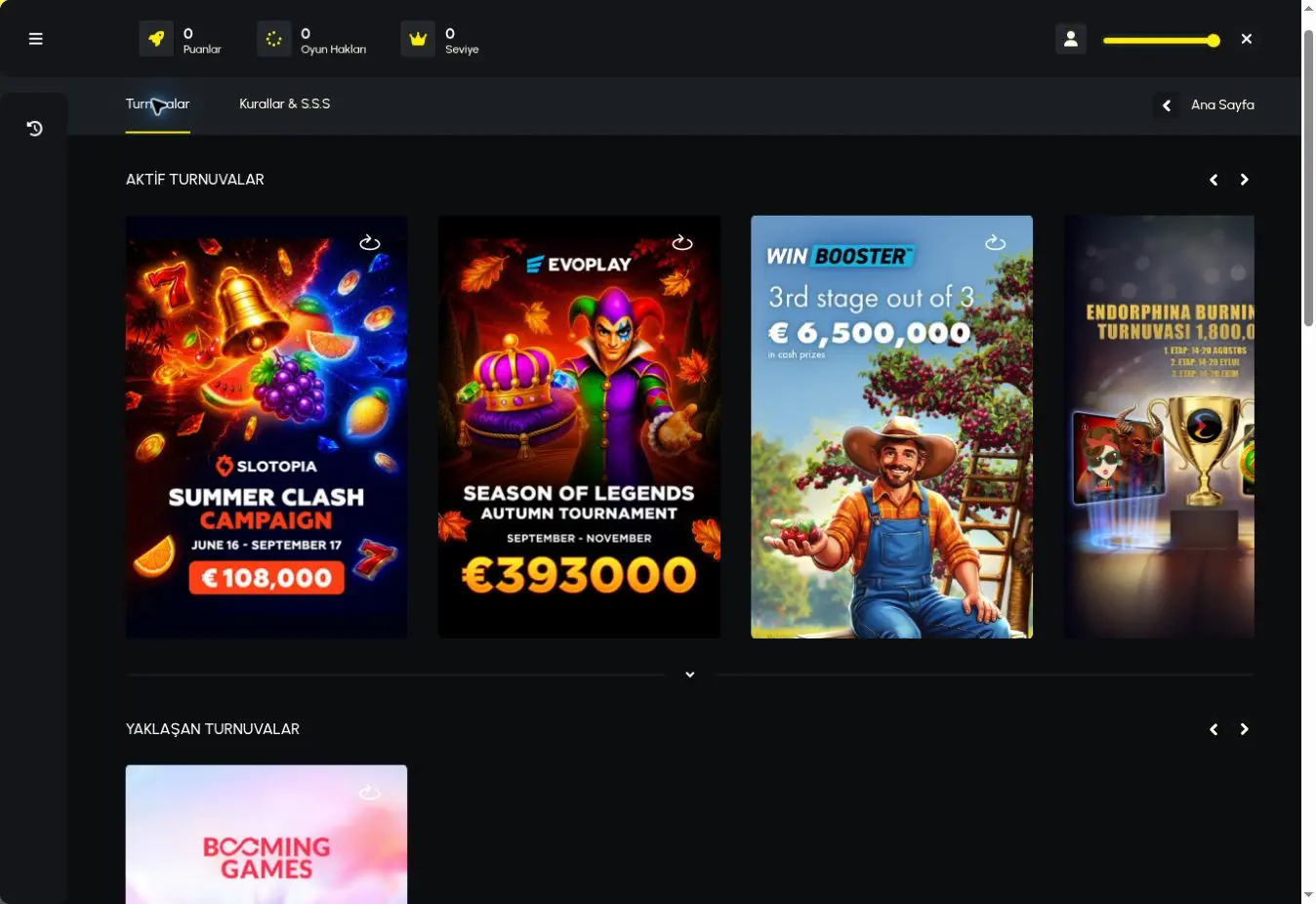 Elexbet resmi sitesindeki aktif ve yaklaşan casino turnuvaları